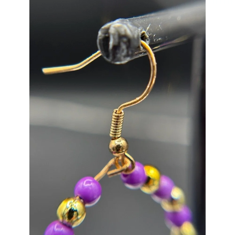 Vintage 80s 90s Y2K Purple & Gold Beaded Hoop Earrings Retro Fun Statement Style